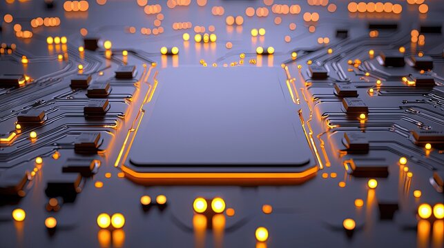A detailed, abstract close-up of a complex circuit board with intricate pathways and multiple small components. A large, central rectangular processor is promin