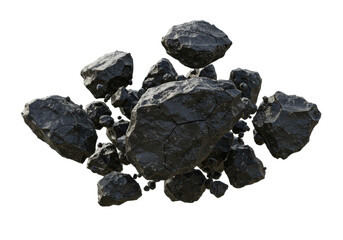 Rugged dark gray meteoritic fragments and boulders suspended in zero-gravity against a transparent background. Concept of geological chaos and vfx isolation