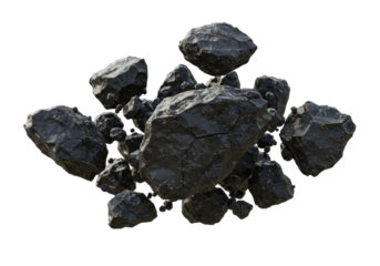 Rugged dark gray meteoritic fragments and boulders suspended in zero-gravity against a transparent background. Concept of geological chaos and vfx isolation