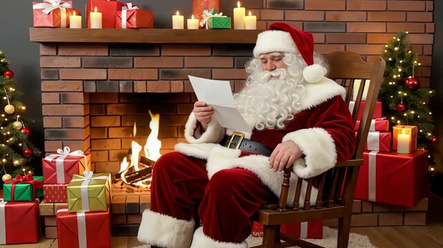 Santa Claus Reading Letters by Fireplace on Christmas Eve.