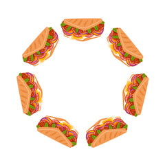 Wreath with sandwich with fresh green leaves, tomato, salami, cheese, onion and egg in flat style. Design for food restaurant menu, breakfast cafe, bakery card isolated on a white background.