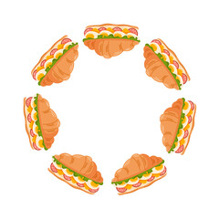 Wreath with croissant sandwich filled with lettuce, eggs, cheese, and salami in flat style. Bakery for breakfast card, brunch, or a quick snack isolated on a white background.