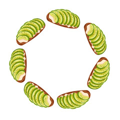 Wreath with avocado toast from dark rye bread with slices of avocado, cottage cheese and pepper in flat style. Healthy breakfast card for menu and restaurant design isolated on white background.