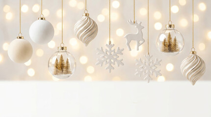 White and gold ceramic and glass Christmas holiday ornaments hanging on light beige background with bokeh lights. Space for text. 