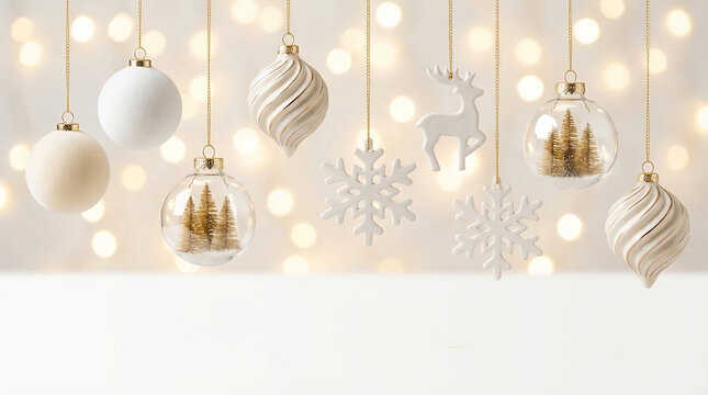 White and gold ceramic and glass Christmas holiday ornaments hanging on light beige background with bokeh lights. Space for text. 