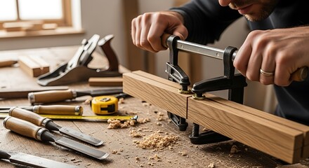 Skilled Carpenter's Hands Clamping Wood Joint on Workbench, Surrounded by Traditional Woodworking Tools and Shavings, Highlighting Craftsmanship an...