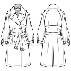 Fashion illustration showcasing a women's double-breasted trench coat design concept