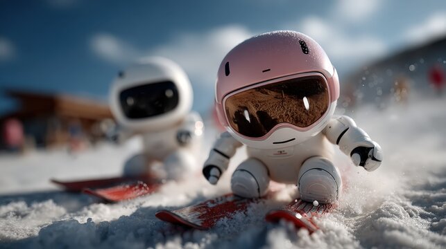 Two stylish robots glide gracefully down the snowy slopes, capturing the thrill of skiing while emphasizing a joyful experience that combines modern technology with the whimsical spirit of winter lei
