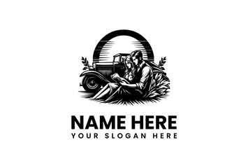 Classic Car and Couple Vector Logo Illustration for Vintage and Retro Design, Customizable Emblem in EPS Format