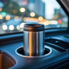 Tumbler in car cup holder with city street background during evening commute for travel mug and beverage on dashboard in automobile interior