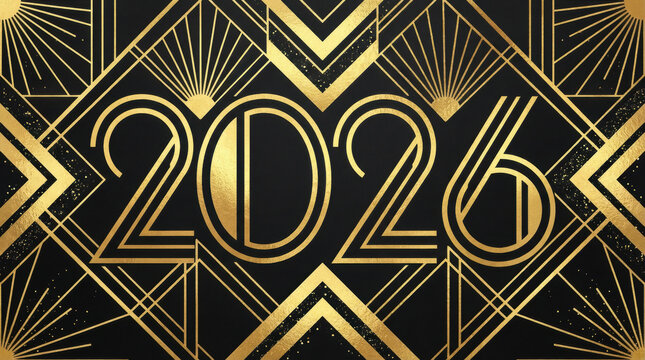 Luxury Art Deco New Year 2026 background. Black and gold geometric pattern with vintage 1920s style numbers. Elegant holiday celebration banner design with retro Gatsby vibe.
 - Powered by Adobe