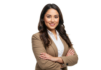 Smiling woman in blazer arms crossed isolated on transparent background