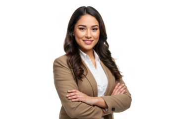 Smiling woman in blazer arms crossed isolated on transparent background