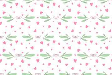 Cute, seamless vector pattern of decorative botanical swirls, scattered with playful pink hearts, perfect for romantic textile prints or digital paper.