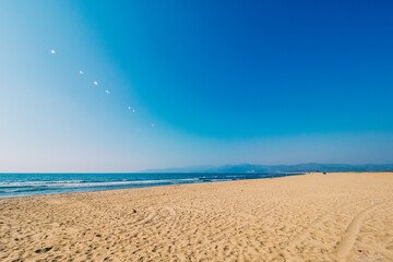 Scenic sunset view over serene beach coastal location photography tranquil environment wide angle beauty of nature