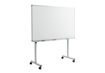 Professional magnetic whiteboard on an aluminum stand with caster wheels isolated on a transparent background. Concept for brainstorming and education