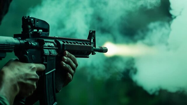 Gunfire demonstration with an AR-15 rifle against a blurred green backdrop showcases the weapon's