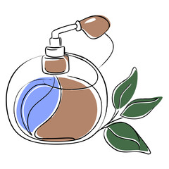 Vintage perfume bottle with leaves in minimalist style  