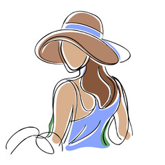 Woman in a hat with long hair viewed from behind in a relaxed pose  