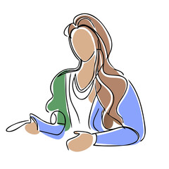 Abstract illustration of a woman with long hair holding a pen  