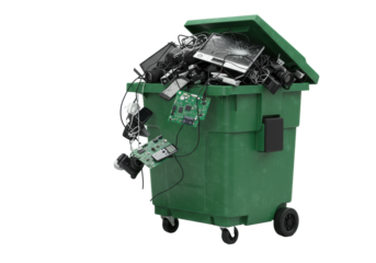Low angle shot of a green industrial dumpster overflowing with e-waste, circuit boards, and phones on a sterile white background. Environmental pollution concept