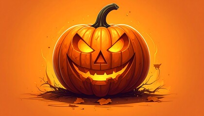 Carved pumpkin glows with sinister smile against a warm orange background, Halloween vibes