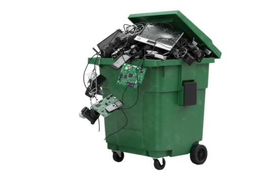Low angle shot of a green industrial dumpster overflowing with e-waste, circuit boards, and phones on a sterile white background. Environmental pollution concept