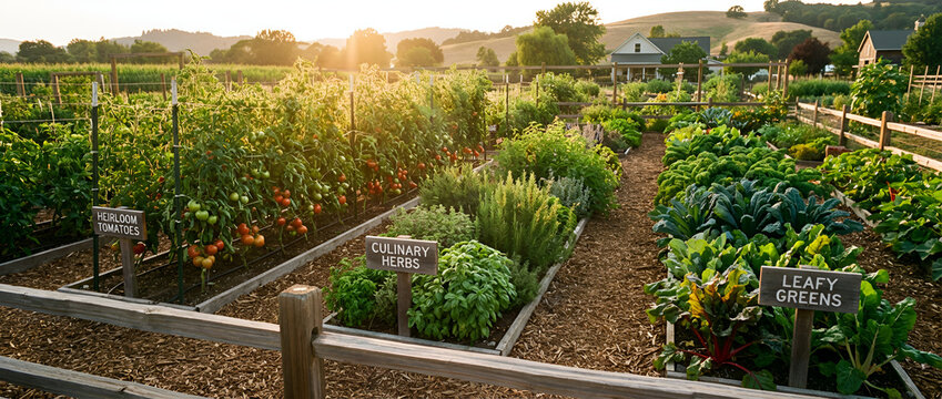 Organic vegetable garden with tomatoes, herbs, and leafy greens, clean rows, warm sunlight, healthy plants, high-resolution landscape composition