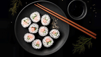 Fresh sushi rolls on a black plate