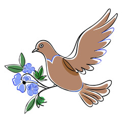 Brown dove flying with blue flowers in a simple outline design  