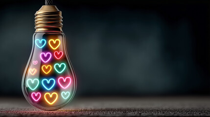 Neon hearts light bulb shining brightly