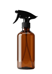 A single amber brown pet plastic bottle with a black trigger spray dispenser on a seamless reflective white background premium packaging design concept