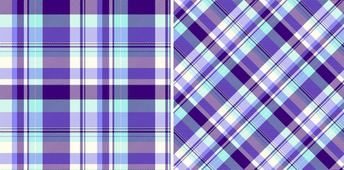 Two vibrant purple  blue plaid patterns. Versatile design for backgrounds, textiles, apparel, and digital art. Classic, timeless,  visually appealing texture.