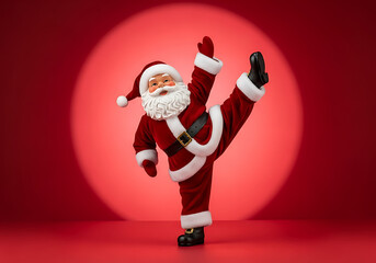 Funny Santa Claus demonstrating his yoga skills against a bright red backdrop, perfect for festive holiday campaigns and whimsical Christmas promotions