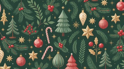 Seamless christmas pattern with festive ornaments, pine branches, stars, and candy canes on a dark green background