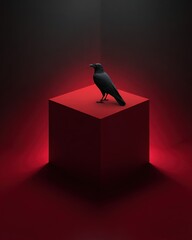 Naklejka premium Black crow standing on glowing red cube in dark minimalist studio with dramatic lighting
