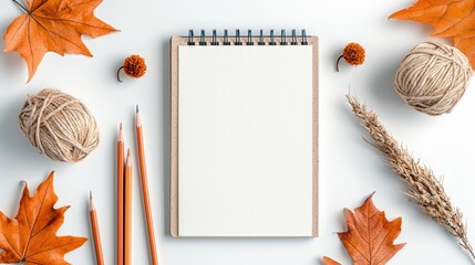 A flat lay composition featuring an open blank notebook, pencils, balls of twine, dried wheat, and vibrant orange maple leaves arranged on a clean white surface