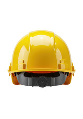 A modern yellow industrial safety hard hat shown from the rear on a white background, highlighting the internal suspension. Concept of workplace safety and protection