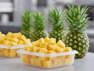 Freshly cut yellow mango cubes in clear containers with vibrant pineapples in the background, showcasing tropical fruits and healthy eating concepts