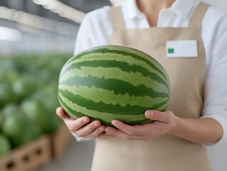 Female grocery store employee holding a fresh watermelon in hands, surrounded by vibrant produce, showcasing dedication to quality and customer service in a retail environment