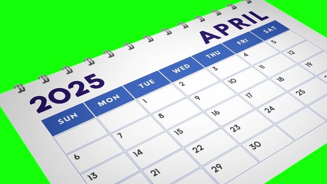 2025 calendar pages flipping from January to December in a close up view, displayed on a green screen background for easy editing and compositing