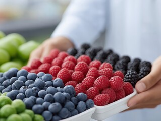 Fresh assortment of vibrant berries including blueberries, raspberries, and blackberries held in hands, showcasing colorful fruits in a market setting with healthy lifestyle concept