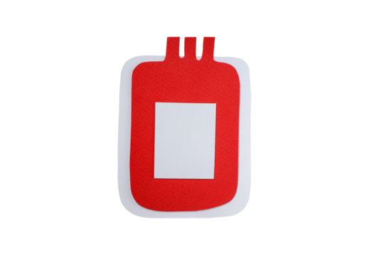 Blood donation bag designed with red and white colors, isolated, PNG