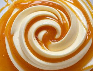 A delicious close-up top-down view of a creamy vanilla soft serve ice cream swirl with a glossy caramel sauce topping