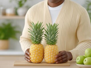 African American man holding two fresh pineapples on a wooden cutting board in a bright kitchen, surrounded by green apples and plants, showcasing vibrant tropical fruits