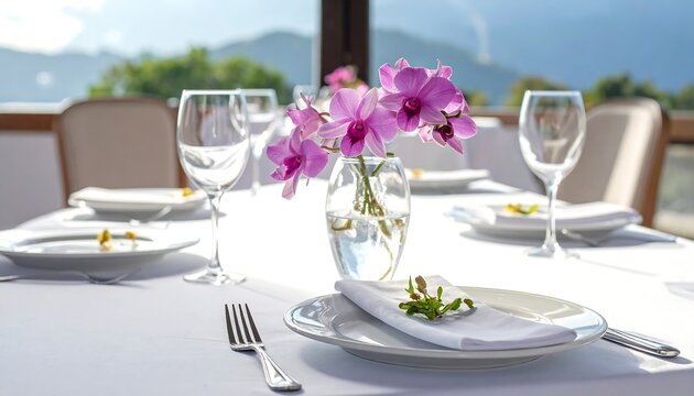 Elegant dining setting with orchids, white linens, and glassware, featuring a scenic mountain background