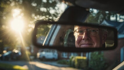 An elderly man with glasses smiles in the car's rear-view mirror as sunlight streams in. Concept Senior Joy in Rear-View Mirror, Sunlit Car Moment, Glasses and Grin, Rear-View Reflection Portrait