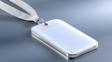 A blank white rectangular ID badge with a silver metal trim and a white ribbon is displayed on a smooth, reflective gray surface. The lighting is soft and diffu