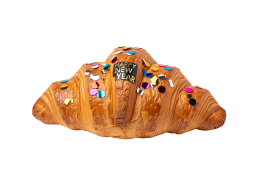 Festive Golden Croissant Adorned with Colorful Confetti and a 'Happy New Year' Tag, Perfect for Holiday Breakfasts and Celebrations - Powered by Adobe