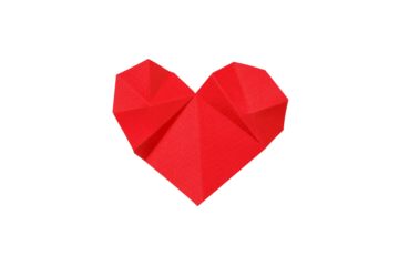A red origami heart folded from paper, isolated, PNG